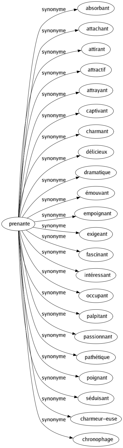 Synonyme de Prenante : Absorbant Attachant Attirant Attractif Attrayant Captivant Charmant Délicieux Dramatique Émouvant Empoignant Exigeant Fascinant Intéressant Occupant Palpitant Passionnant Pathétique Poignant Séduisant Charmeur-euse Chronophage 