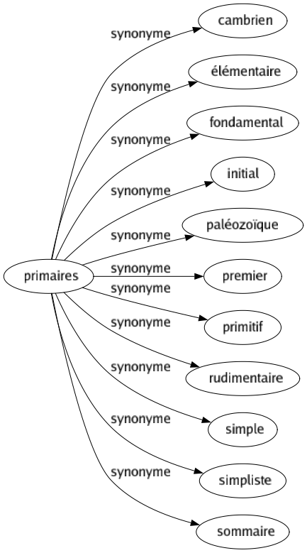Synonyme de Primaires : Cambrien Élémentaire Fondamental Initial Paléozoïque Premier Primitif Rudimentaire Simple Simpliste Sommaire 