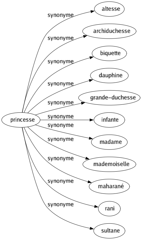 Synonyme de Princesse : Altesse Archiduchesse Biquette Dauphine Grande-duchesse Infante Madame Mademoiselle Maharané Rani Sultane 