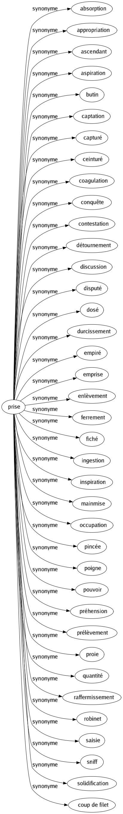 Synonyme de Prise : Absorption Appropriation Ascendant Aspiration Butin Captation Capturé Ceinturé Coagulation Conquête Contestation Détournement Discussion Disputé Dosé Durcissement Empiré Emprise Enlèvement Ferrement Fiché Ingestion Inspiration Mainmise Occupation Pincée Poigne Pouvoir Préhension Prélèvement Proie Quantité Raffermissement Robinet Saisie Sniff Solidification Coup de filet 