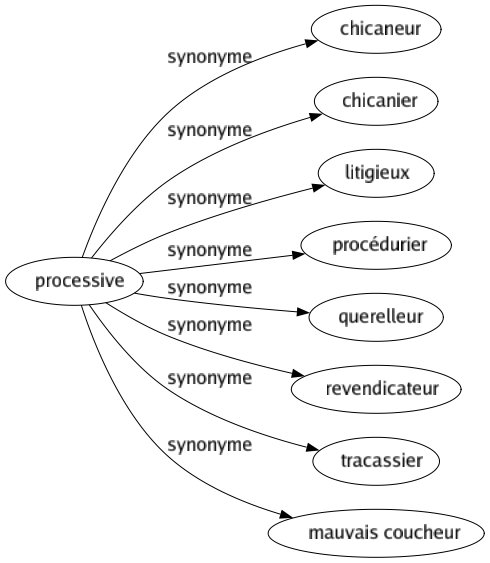 Synonyme de Processive : Chicaneur Chicanier Litigieux Procédurier Querelleur Revendicateur Tracassier Mauvais coucheur 