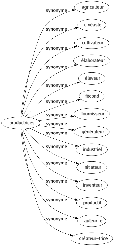 Synonyme de Productrices : Agriculteur Cinéaste Cultivateur Élaborateur Éleveur Fécond Fournisseur Générateur Industriel Initiateur Inventeur Productif Auteur-e Créateur-trice 