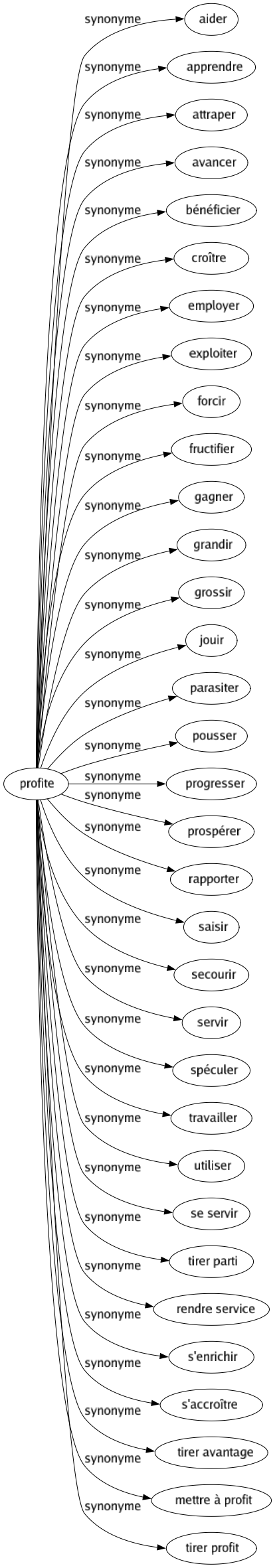 Synonyme de Profite : Aider Apprendre Attraper Avancer Bénéficier Croître Employer Exploiter Forcir Fructifier Gagner Grandir Grossir Jouir Parasiter Pousser Progresser Prospérer Rapporter Saisir Secourir Servir Spéculer Travailler Utiliser Se servir Tirer parti Rendre service S'enrichir S'accroître Tirer avantage Mettre à profit Tirer profit 