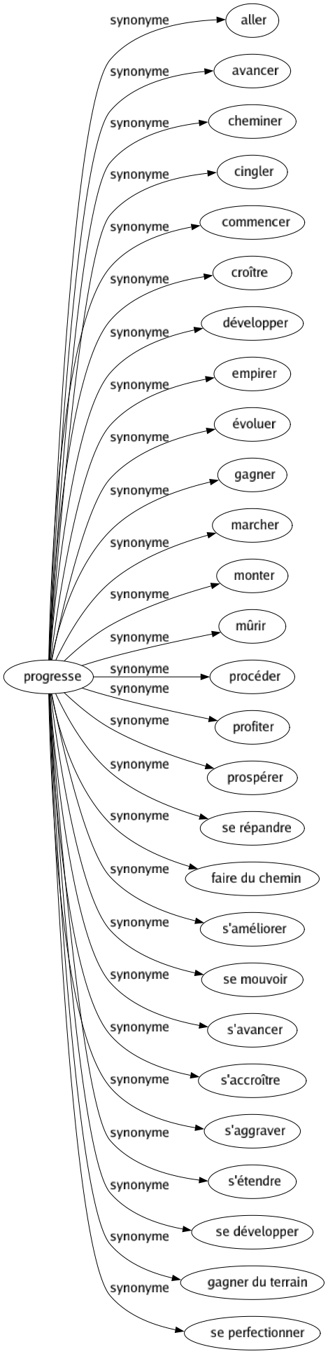 Synonyme de Progresse : Aller Avancer Cheminer Cingler Commencer Croître Développer Empirer Évoluer Gagner Marcher Monter Mûrir Procéder Profiter Prospérer Se répandre Faire du chemin S'améliorer Se mouvoir S'avancer S'accroître S'aggraver S'étendre Se développer Gagner du terrain Se perfectionner 