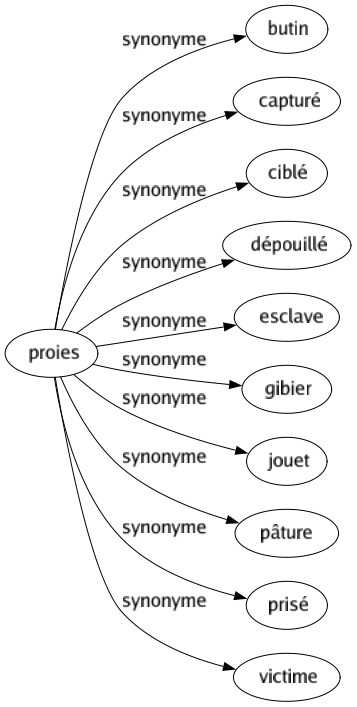 Synonyme de Proies : Butin Capturé Ciblé Dépouillé Esclave Gibier Jouet Pâture Prisé Victime 