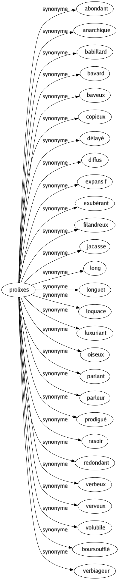 Synonyme de Prolixes : Abondant Anarchique Babillard Bavard Baveux Copieux Délayé Diffus Expansif Exubérant Filandreux Jacasse Long Longuet Loquace Luxuriant Oiseux Parlant Parleur Prodigué Rasoir Redondant Verbeux Verveux Volubile Boursoufflé Verbiageur 