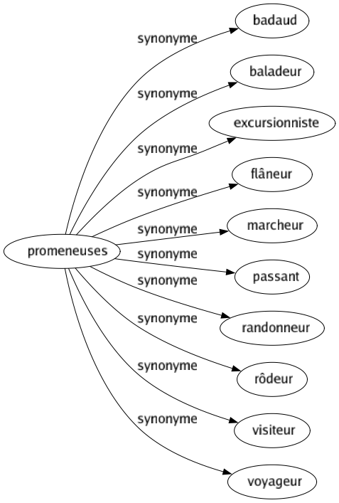 Synonyme de Promeneuses : Badaud Baladeur Excursionniste Flâneur Marcheur Passant Randonneur Rôdeur Visiteur Voyageur 