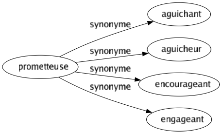 Synonyme de Prometteuse : Aguichant Aguicheur Encourageant Engageant 