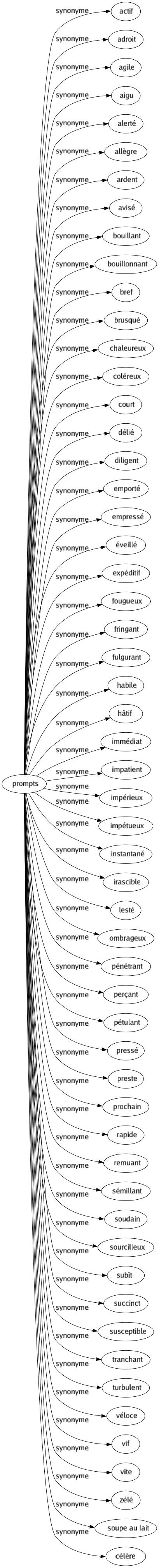 Synonyme de Prompts : Actif Adroit Agile Aigu Alerté Allègre Ardent Avisé Bouillant Bouillonnant Bref Brusqué Chaleureux Coléreux Court Délié Diligent Emporté Empressé Éveillé Expéditif Fougueux Fringant Fulgurant Habile Hâtif Immédiat Impatient Impérieux Impétueux Instantané Irascible Lesté Ombrageux Pénétrant Perçant Pétulant Pressé Preste Prochain Rapide Remuant Sémillant Soudain Sourcilleux Subît Succinct Susceptible Tranchant Turbulent Véloce Vif Vite Zélé Soupe au lait Célère 