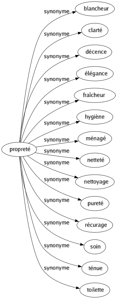 Synonyme de Propreté : Blancheur Clarté Décence Élégance Fraîcheur Hygiène Ménagé Netteté Nettoyage Pureté Récurage Soin Ténue Toilette 