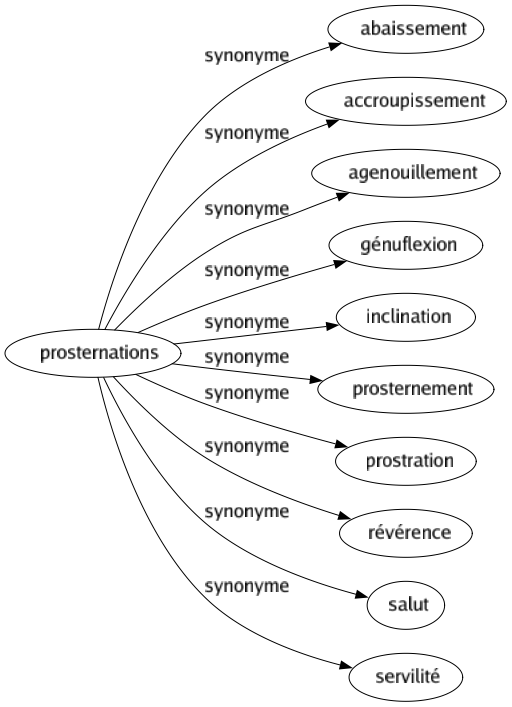 Synonyme de Prosternations : Abaissement Accroupissement Agenouillement Génuflexion Inclination Prosternement Prostration Révérence Salut Servilité 