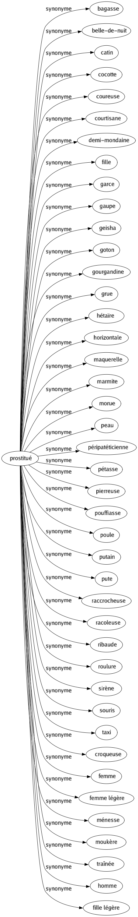 Synonyme de Prostitué : Bagasse Belle-de-nuit Catin Cocotte Coureuse Courtisane Demi-mondaine Fille Garce Gaupe Geisha Goton Gourgandine Grue Hétaïre Horizontale Maquerelle Marmite Morue Peau Péripatéticienne Pétasse Pierreuse Pouffiasse Poule Putain Pute Raccrocheuse Racoleuse Ribaude Roulure Sirène Souris Taxi Croqueuse Femme Femme légère Ménesse Moukère Traînée Homme Fille légère 