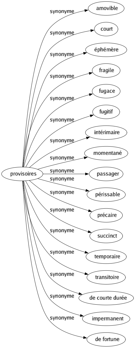 Synonyme de Provisoires : Amovible Court Éphémère Fragile Fugace Fugitif Intérimaire Momentané Passager Périssable Précaire Succinct Temporaire Transitoire De courte durée Impermanent De fortune 