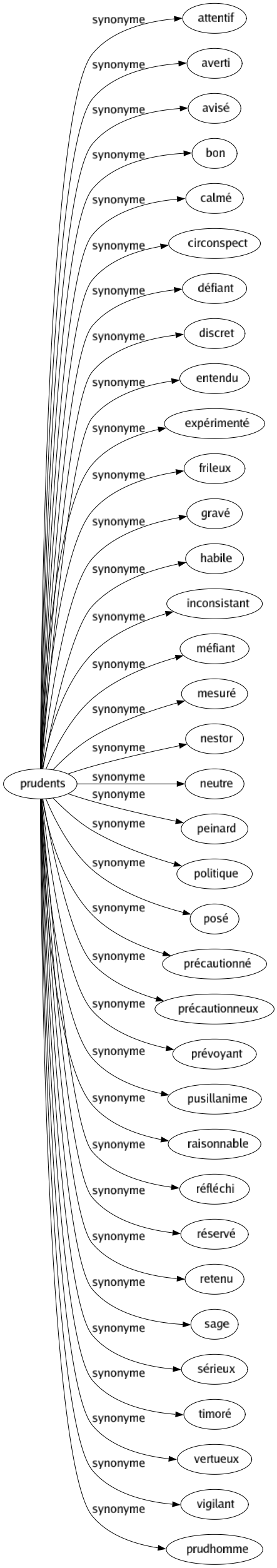 Synonyme de Prudents : Attentif Averti Avisé Bon Calmé Circonspect Défiant Discret Entendu Expérimenté Frileux Gravé Habile Inconsistant Méfiant Mesuré Nestor Neutre Peinard Politique Posé Précautionné Précautionneux Prévoyant Pusillanime Raisonnable Réfléchi Réservé Retenu Sage Sérieux Timoré Vertueux Vigilant Prudhomme 