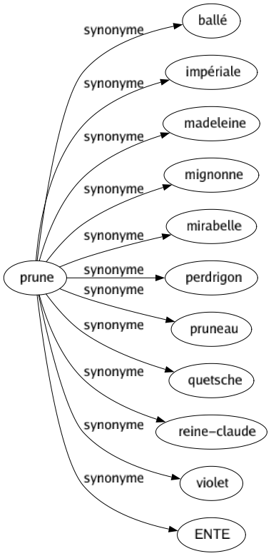 Synonyme de Prune : Ballé Impériale Madeleine Mignonne Mirabelle Perdrigon Pruneau Quetsche Reine-claude Violet Ente 