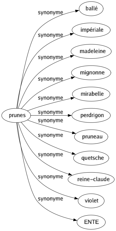 Synonyme de Prunes : Ballé Impériale Madeleine Mignonne Mirabelle Perdrigon Pruneau Quetsche Reine-claude Violet Ente 