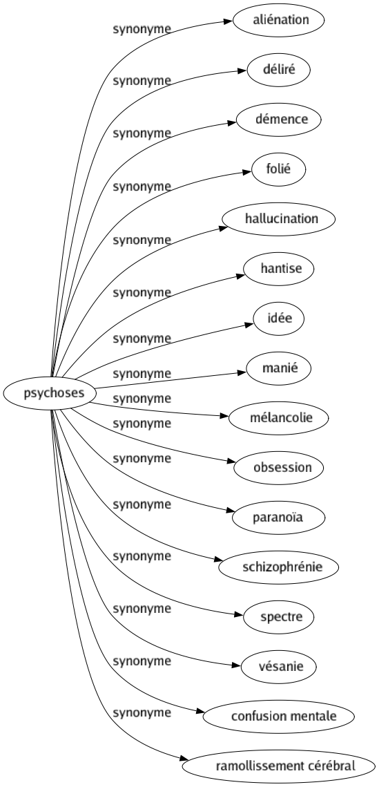 Synonyme de Psychoses : Aliénation Déliré Démence Folié Hallucination Hantise Idée Manié Mélancolie Obsession Paranoïa Schizophrénie Spectre Vésanie Confusion mentale Ramollissement cérébral 