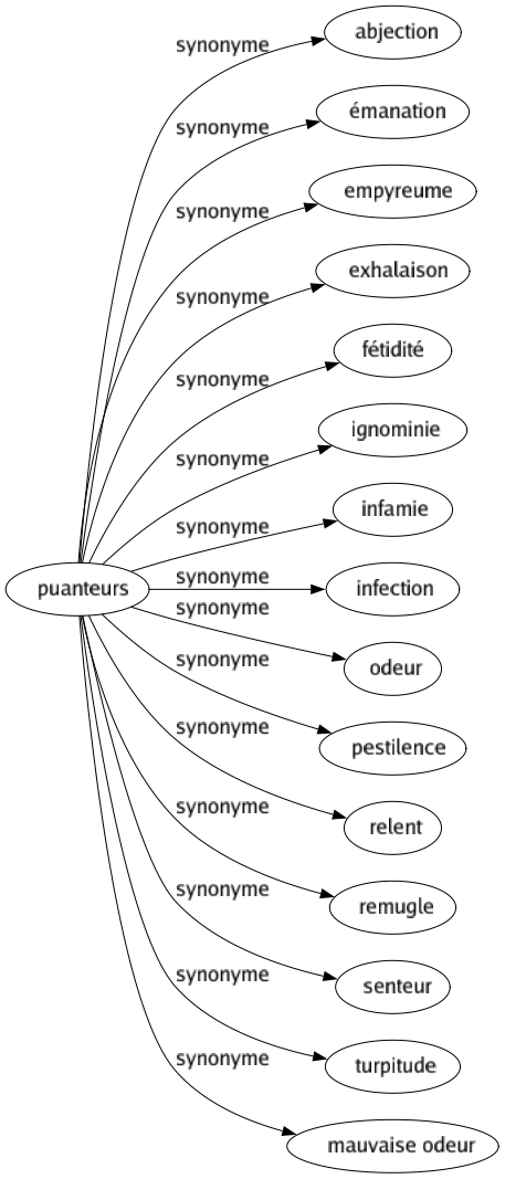 Synonyme de Puanteurs : Abjection Émanation Empyreume Exhalaison Fétidité Ignominie Infamie Infection Odeur Pestilence Relent Remugle Senteur Turpitude Mauvaise odeur 