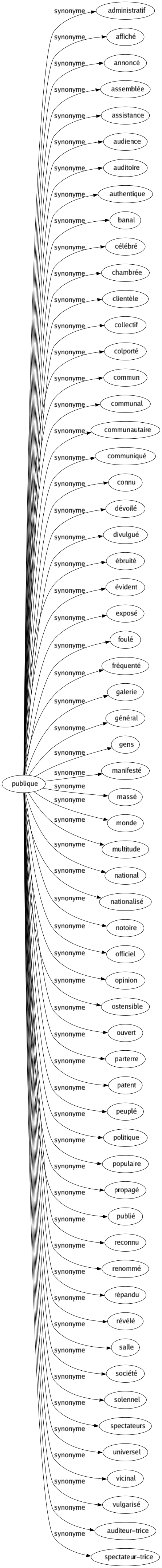 Synonyme de Publique : Administratif Affiché Annoncé Assemblée Assistance Audience Auditoire Authentique Banal Célébré Chambrée Clientèle Collectif Colporté Commun Communal Communautaire Communiqué Connu Dévoilé Divulgué Ébruité Évident Exposé Foulé Fréquenté Galerie Général Gens Manifesté Massé Monde Multitude National Nationalisé Notoire Officiel Opinion Ostensible Ouvert Parterre Patent Peuplé Politique Populaire Propagé Publié Reconnu Renommé Répandu Révélé Salle Société Solennel Spectateurs Universel Vicinal Vulgarisé Auditeur-trice Spectateur-trice 