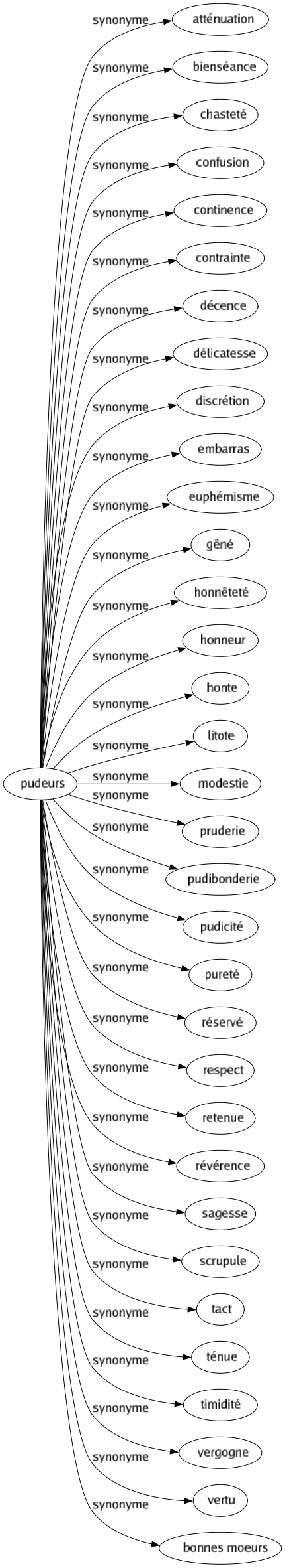 Synonyme de Pudeurs : Atténuation Bienséance Chasteté Confusion Continence Contrainte Décence Délicatesse Discrétion Embarras Euphémisme Gêné Honnêteté Honneur Honte Litote Modestie Pruderie Pudibonderie Pudicité Pureté Réservé Respect Retenue Révérence Sagesse Scrupule Tact Ténue Timidité Vergogne Vertu Bonnes moeurs 