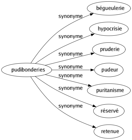 Synonyme de Pudibonderies : Bégueulerie Hypocrisie Pruderie Pudeur Puritanisme Réservé Retenue 