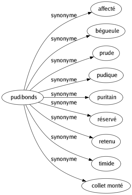 Synonyme de Pudibonds : Affecté Bégueule Prude Pudique Puritain Réservé Retenu Timide Collet monté 