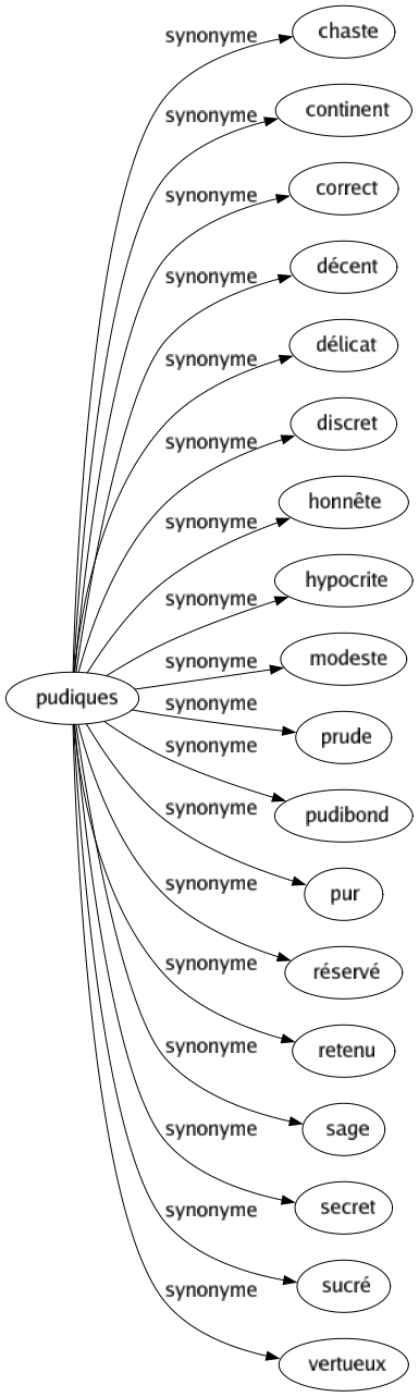 Synonyme de Pudiques : Chaste Continent Correct Décent Délicat Discret Honnête Hypocrite Modeste Prude Pudibond Pur Réservé Retenu Sage Secret Sucré Vertueux 