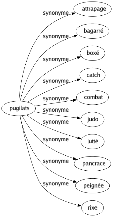 Synonyme de Pugilats : Attrapage Bagarré Boxé Catch Combat Judo Lutté Pancrace Peignée Rixe 