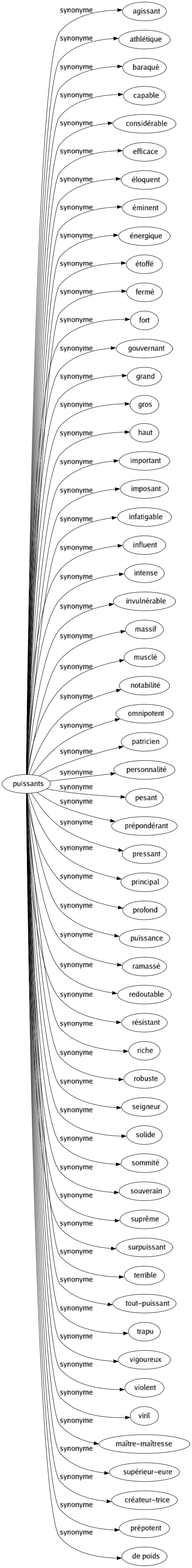 Synonyme de Puissants : Agissant Athlétique Baraqué Capable Considérable Efficace Éloquent Éminent Énergique Étoffé Fermé Fort Gouvernant Grand Gros Haut Important Imposant Infatigable Influent Intense Invulnérable Massif Musclé Notabilité Omnipotent Patricien Personnalité Pesant Prépondérant Pressant Principal Profond Puissance Ramassé Redoutable Résistant Riche Robuste Seigneur Solide Sommité Souverain Suprême Surpuissant Terrible Tout-puissant Trapu Vigoureux Violent Viril Maître-maîtresse Supérieur-eure Créateur-trice Prépotent De poids 