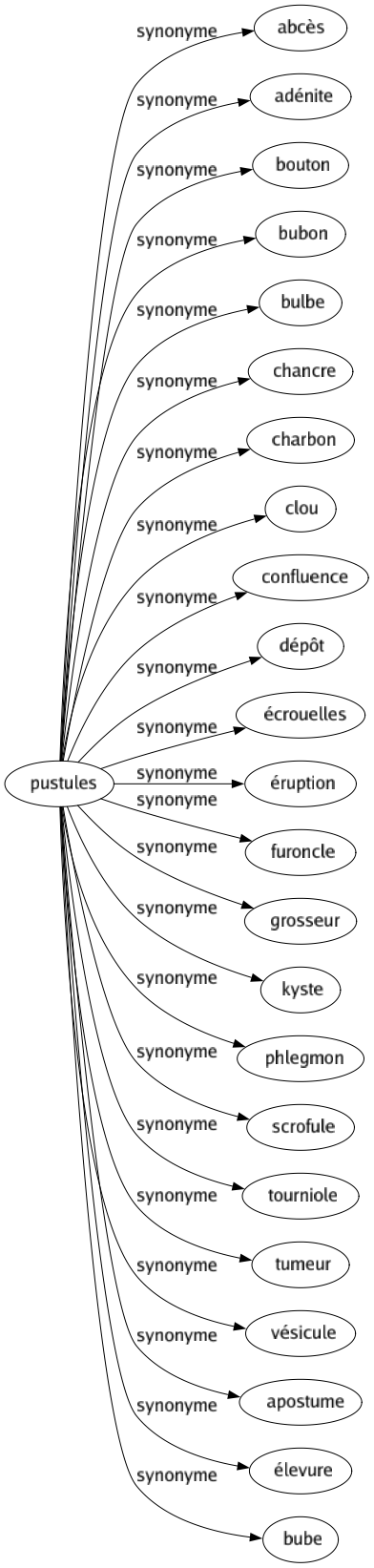 Synonyme de Pustules : Abcès Adénite Bouton Bubon Bulbe Chancre Charbon Clou Confluence Dépôt Écrouelles Éruption Furoncle Grosseur Kyste Phlegmon Scrofule Tourniole Tumeur Vésicule Apostume Élevure Bube 