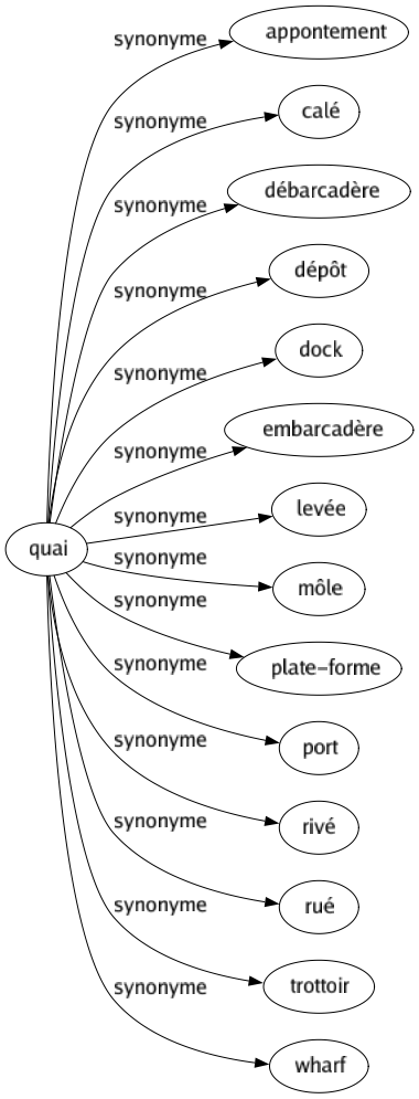 Synonyme de Quai : Appontement Calé Débarcadère Dépôt Dock Embarcadère Levée Môle Plate-forme Port Rivé Rué Trottoir Wharf 