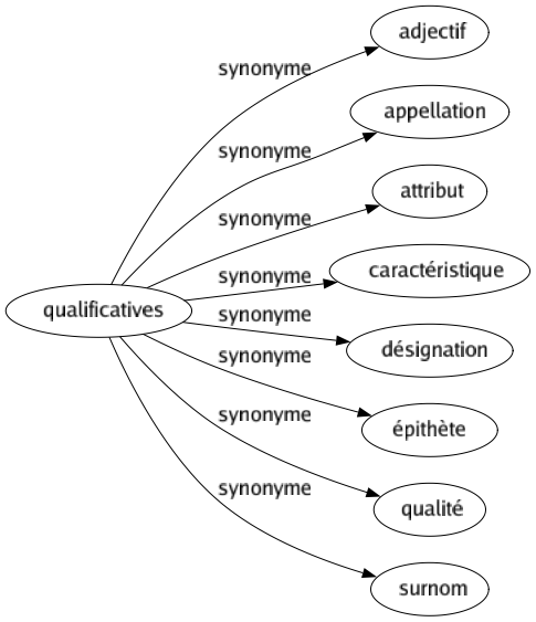 Synonyme de Qualificatives : Adjectif Appellation Attribut Caractéristique Désignation Épithète Qualité Surnom 