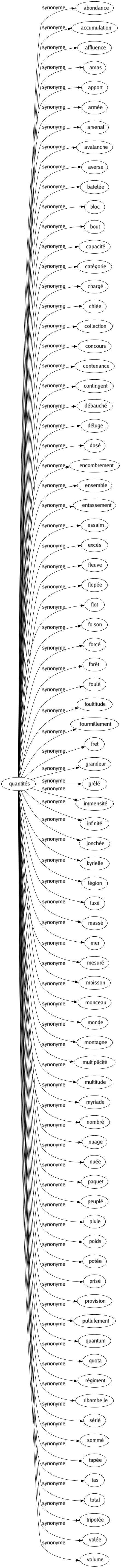 Synonyme de Quantités : Abondance Accumulation Affluence Amas Apport Armée Arsenal Avalanche Averse Batelée Bloc Bout Capacité Catégorie Chargé Chiée Collection Concours Contenance Contingent Débauché Déluge Dosé Encombrement Ensemble Entassement Essaim Excès Fleuve Flopée Flot Foison Forcé Forêt Foulé Foultitude Fourmillement Fret Grandeur Grêlé Immensité Infinité Jonchée Kyrielle Légion Luxé Massé Mer Mesuré Moisson Monceau Monde Montagne Multiplicité Multitude Myriade Nombré Nuage Nuée Paquet Peuplé Pluie Poids Potée Prisé Provision Pullulement Quantum Quota Régiment Ribambelle Sérié Sommé Tapée Tas Total Tripotée Volée Volume 