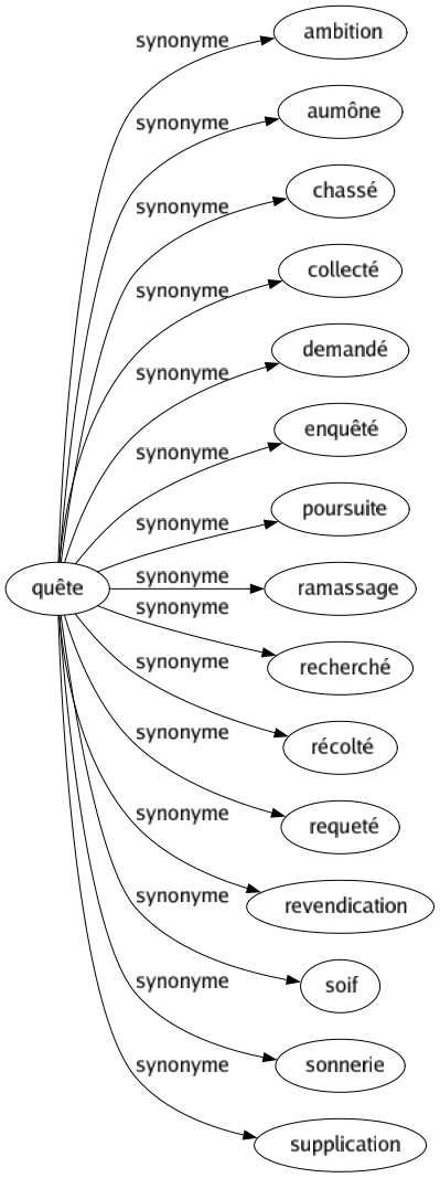 Synonyme de Quête : Ambition Aumône Chassé Collecté Demandé Enquêté Poursuite Ramassage Recherché Récolté Requeté Revendication Soif Sonnerie Supplication 