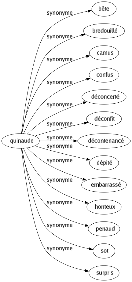 Synonyme de Quinaude : Bête Bredouillé Camus Confus Déconcerté Déconfit Décontenancé Dépité Embarrassé Honteux Penaud Sot Surpris 