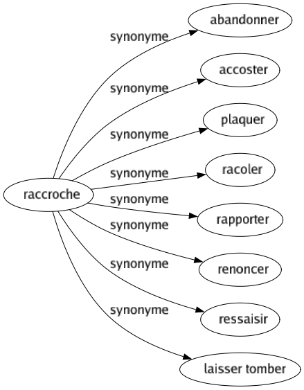 Synonyme de Raccroche : Abandonner Accoster Plaquer Racoler Rapporter Renoncer Ressaisir Laisser tomber 