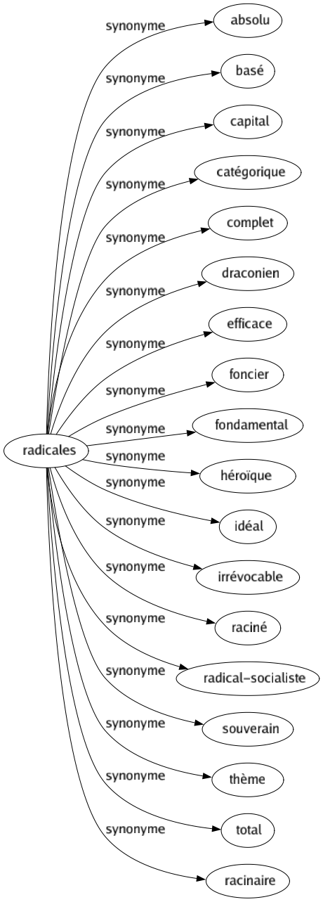 Synonyme de Radicales : Absolu Basé Capital Catégorique Complet Draconien Efficace Foncier Fondamental Héroïque Idéal Irrévocable Raciné Radical-socialiste Souverain Thème Total Racinaire 