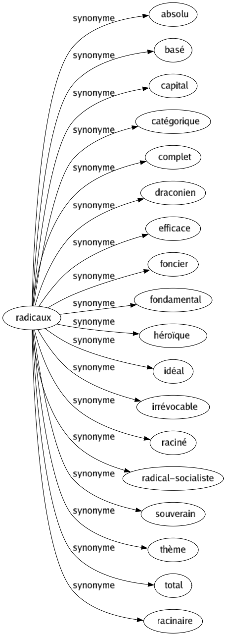 Synonyme de Radicaux : Absolu Basé Capital Catégorique Complet Draconien Efficace Foncier Fondamental Héroïque Idéal Irrévocable Raciné Radical-socialiste Souverain Thème Total Racinaire 