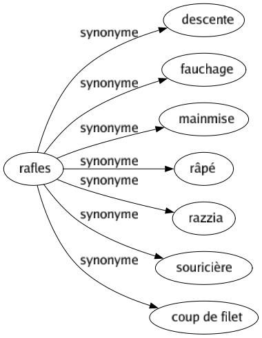 Synonyme de Rafles : Descente Fauchage Mainmise Râpé Razzia Souricière Coup de filet 