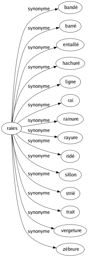 Synonyme de Raies : Bandé Barré Entaillé Hachuré Ligne Rai Rainure Rayure Ridé Sillon Strié Trait Vergeture Zébrure 