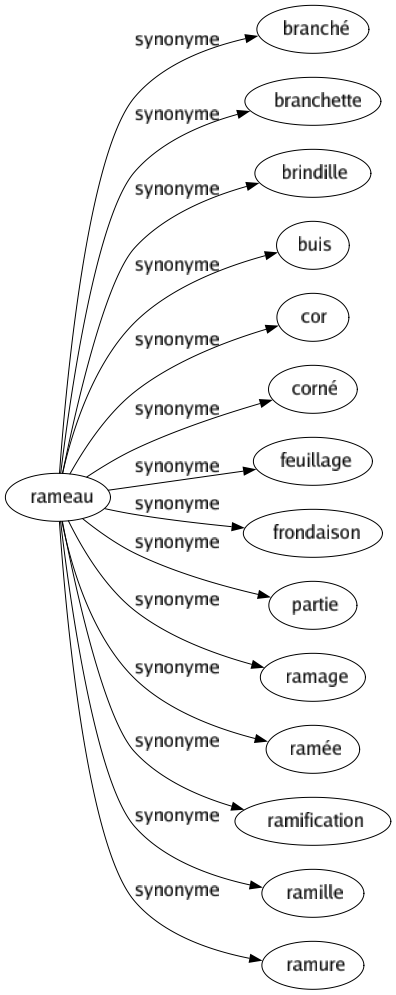 Synonyme de Rameau : Branché Branchette Brindille Buis Cor Corné Feuillage Frondaison Partie Ramage Ramée Ramification Ramille Ramure 
