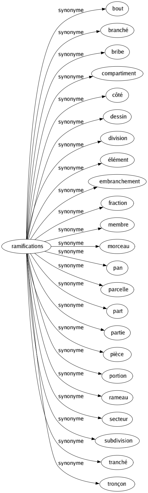 Synonyme de Ramifications : Bout Branché Bribe Compartiment Côté Dessin Division Élément Embranchement Fraction Membre Morceau Pan Parcelle Part Partie Pièce Portion Rameau Secteur Subdivision Tranché Tronçon 