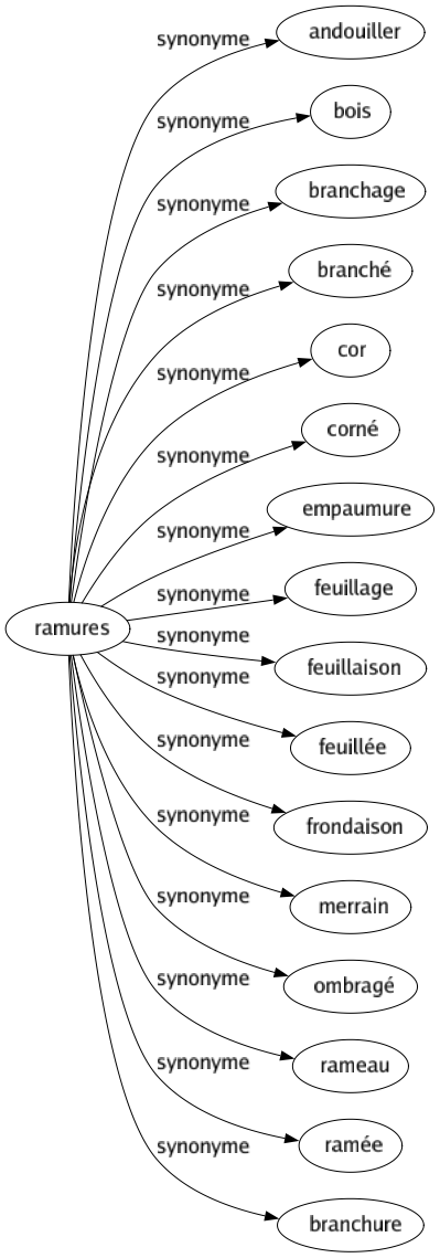 Synonyme de Ramures : Andouiller Bois Branchage Branché Cor Corné Empaumure Feuillage Feuillaison Feuillée Frondaison Merrain Ombragé Rameau Ramée Branchure 