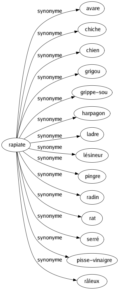 Synonyme de Rapiate : Avare Chiche Chien Grigou Grippe-sou Harpagon Ladre Lésineur Pingre Radin Rat Serré Pisse-vinaigre Râleux 