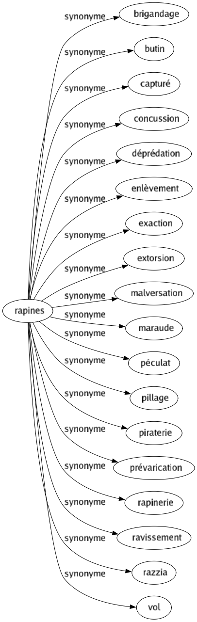 Synonyme de Rapines : Brigandage Butin Capturé Concussion Déprédation Enlèvement Exaction Extorsion Malversation Maraude Péculat Pillage Piraterie Prévarication Rapinerie Ravissement Razzia Vol 