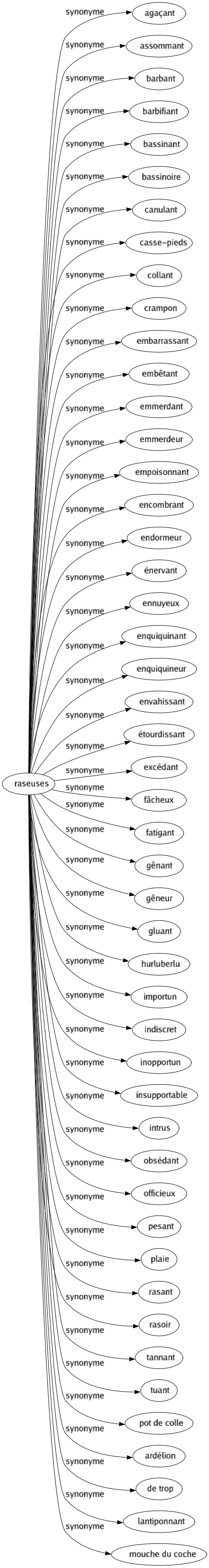 Synonyme de Raseuses : Agaçant Assommant Barbant Barbifiant Bassinant Bassinoire Canulant Casse-pieds Collant Crampon Embarrassant Embêtant Emmerdant Emmerdeur Empoisonnant Encombrant Endormeur Énervant Ennuyeux Enquiquinant Enquiquineur Envahissant Étourdissant Excédant Fâcheux Fatigant Gênant Gêneur Gluant Hurluberlu Importun Indiscret Inopportun Insupportable Intrus Obsédant Officieux Pesant Plaie Rasant Rasoir Tannant Tuant Pot de colle Ardélion De trop Lantiponnant Mouche du coche 