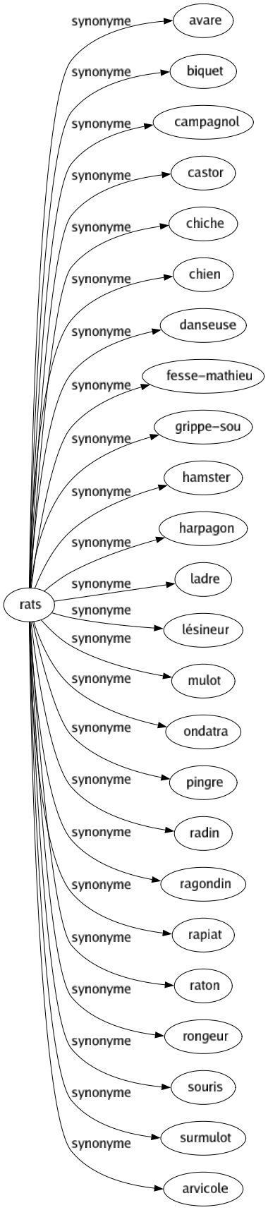 Synonyme de Rats : Avare Biquet Campagnol Castor Chiche Chien Danseuse Fesse-mathieu Grippe-sou Hamster Harpagon Ladre Lésineur Mulot Ondatra Pingre Radin Ragondin Rapiat Raton Rongeur Souris Surmulot Arvicole 