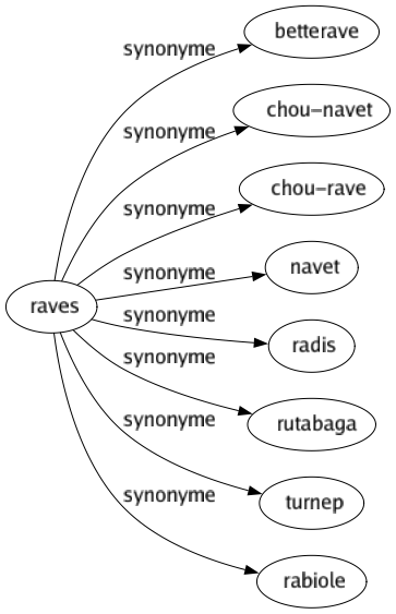 Synonyme de Raves : Betterave Chou-navet Chou-rave Navet Radis Rutabaga Turnep Rabiole 