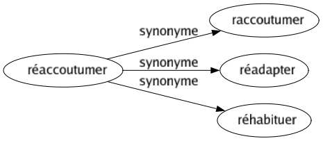 Synonyme de Réaccoutumer : Raccoutumer Réadapter Réhabituer 