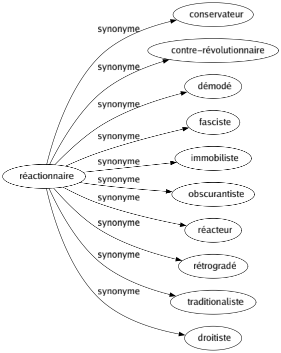 Synonyme de Réactionnaire : Conservateur Contre-révolutionnaire Démodé Fasciste Immobiliste Obscurantiste Réacteur Rétrogradé Traditionaliste Droitiste 